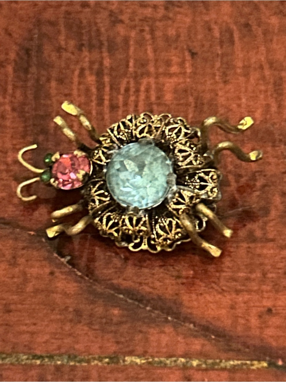 Vintage Czechoslavakia Spider Brooch Blue Pink Rhinestone Filigree Signed